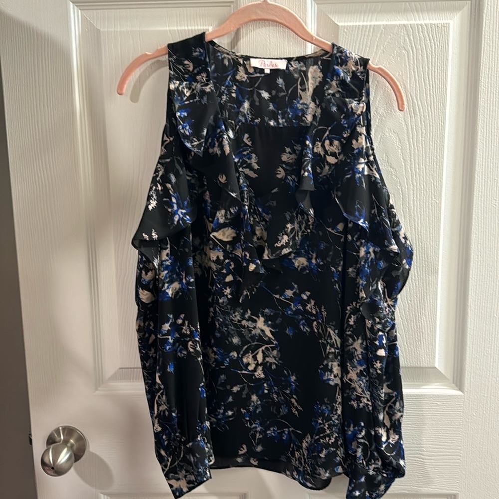 Parker NY Silk Black Blue Beige Pink Floral Print Top Blouse Long Sleeved Size S